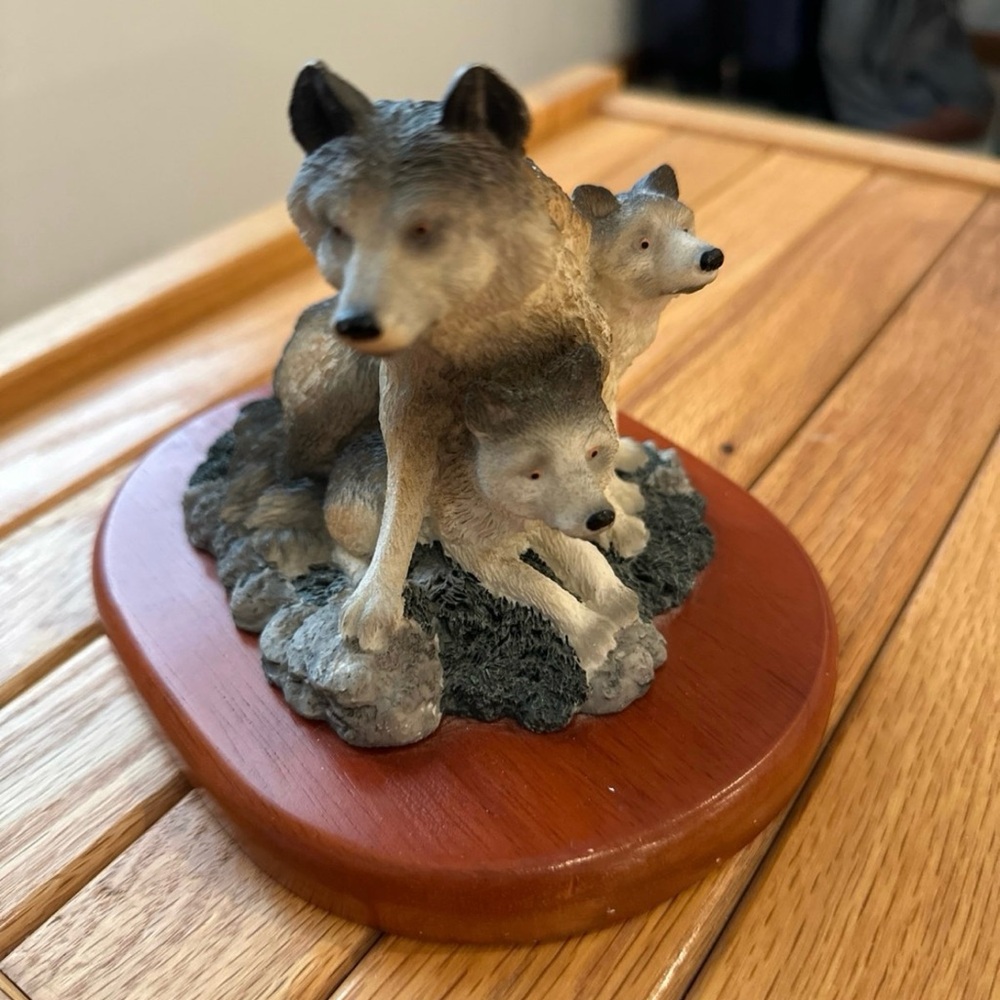Wolf Family Figurine on Wooden Base